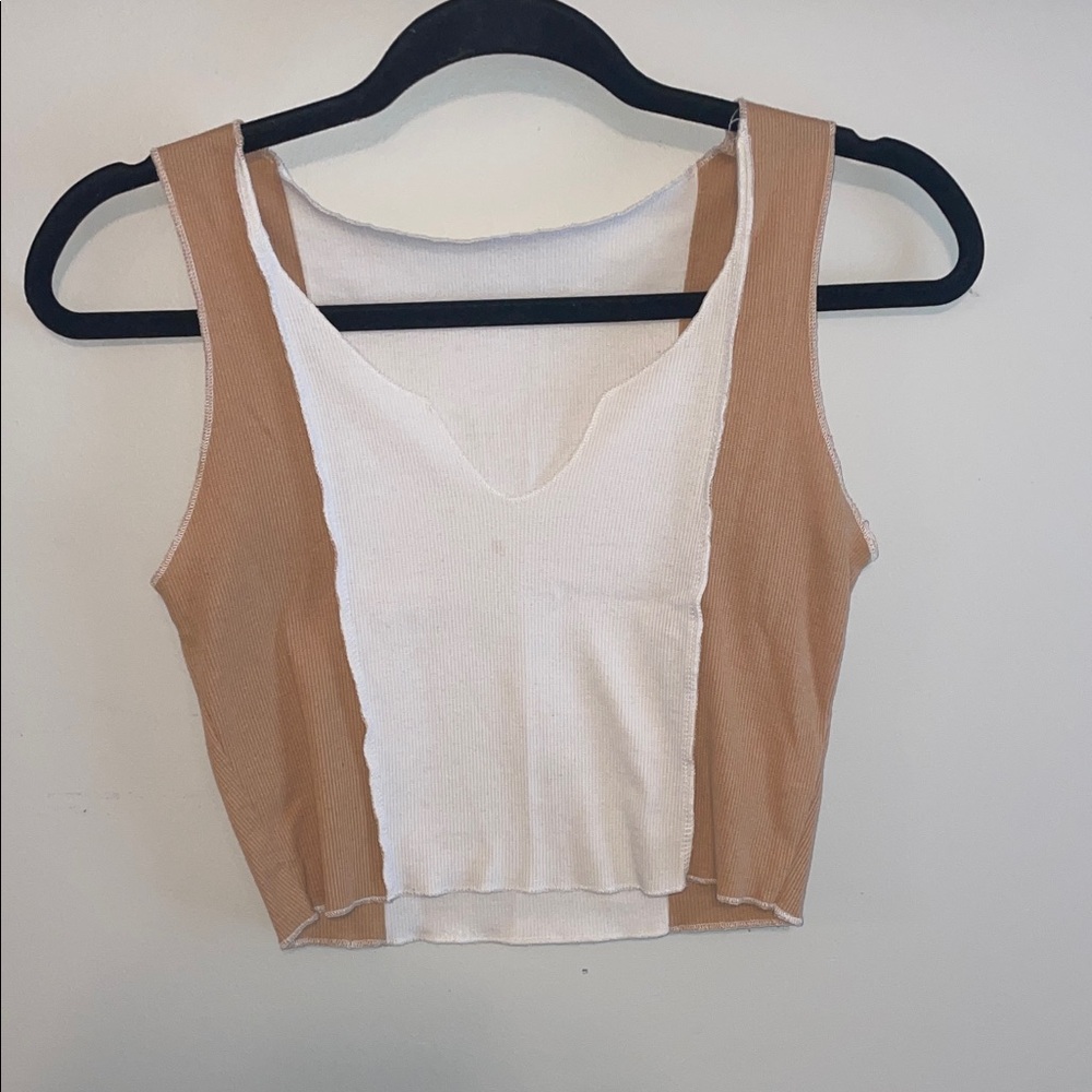 SHEIN Two-Tone White and Tan Ribbed Crop Tank